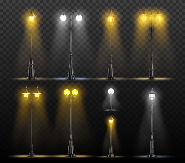 Conjunto Realista Várias Lanternas Rua Brilhando Com Luz Fria Quente — Vetor de Stock