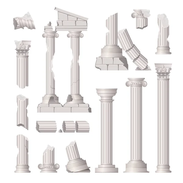 Dañado Antiguo Griego Columnas Ruinas Realista Conjunto Aislado Vector Ilustración — Vector de stock