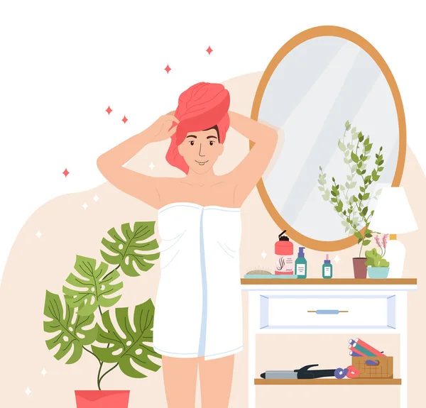 Morning Routine Flat Composition Young Lady Towel Washing Her Hair — Stock Vector