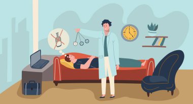 Alkolizm tedavisi. Salon manzaralı düz kompozisyon ve hastayı kanepe vektör çiziminde hipnotize eden tıbbi uzman.