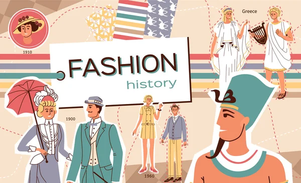 Історія Моди Плоский Колаж Чоловіками Жінками Одязі Давньої Греції Єгипет — стоковий вектор