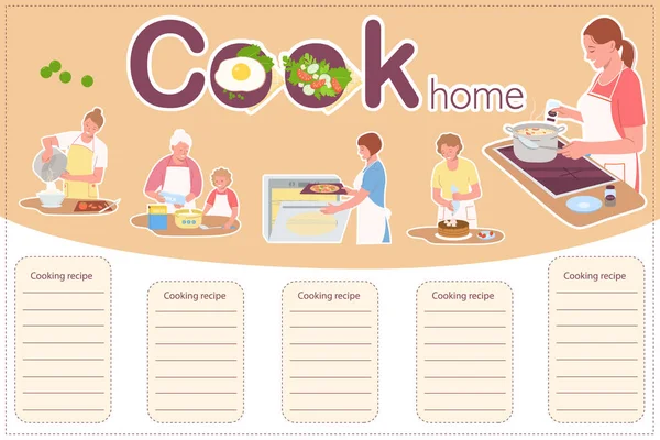 Cook Hjem Flad Infografik Sammensætning Med Tegn Madlavning Familiemedlemmer Sted – Stock-vektor