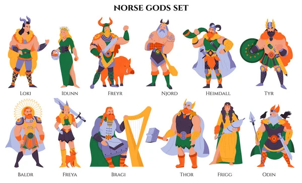 Skandinav Tanrıları Mitolojik Tanrıların Izole Edilmiş Çizgi Film Stili Karakterleri — Stok Vektör