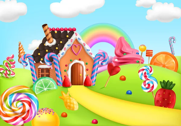甜糖地卡通背景与姜饼屋条纹棒棒糖和冰淇淋现实彩色矢量插图 — 图库矢量图片
