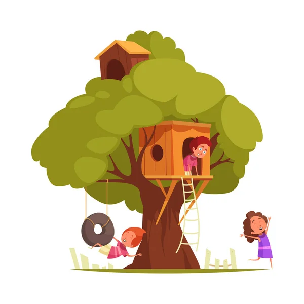 Ağaç Evi Çocukları Ağaç Manzaralı Merdivenli Çocuk Vektör Resimlerini Canlandıran — Stok Vektör