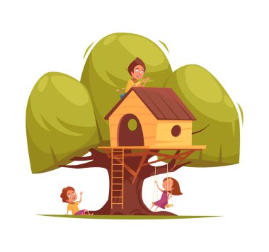 Ağaç evi çocukları, ağaç manzaralı, merdivenli, çocuk vektör resimlerini canlandıran izole bir kompozisyon.