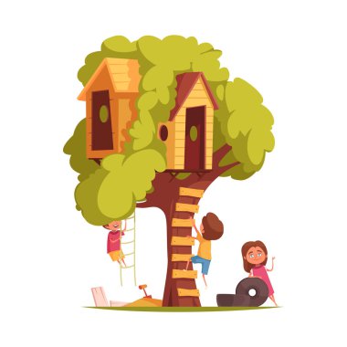 Ağaç evi çocukları, ağaç manzaralı, merdivenli, çocuk vektör resimlerini canlandıran izole bir kompozisyon.
