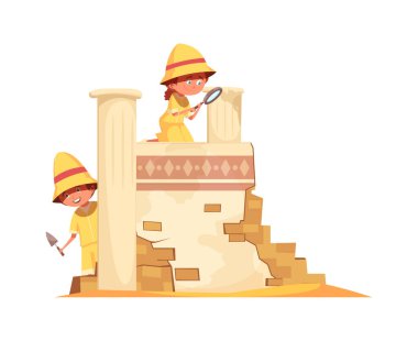 Hazine mezarlarının ikonlarıyla arkeoloji kompozisyonu antik mimari ve karalama karakterleri izole edilmiş vektör çizimi