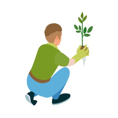 İzole edilmiş insan karakterine sahip Isometric sera bileşimi ekim çalışması vektör illüstrasyonu