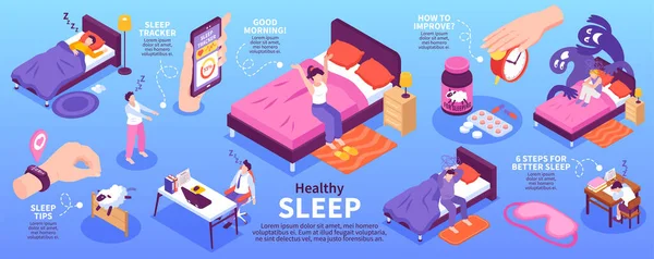 Healthy Sleep Infographic Set Sleep Tips Symbols Isometric Vector Illustration — Stock Vector