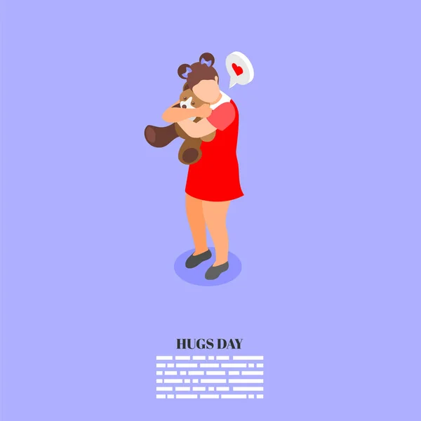 抱擁日コンセプトともに女の子巨大テディベア上の色の背景アイソメトリックベクトルイラスト — ストックベクタ
