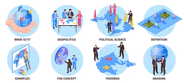 テキストキャプション付きの8つの孤立した地政学的構成と地図や政治家のアイコンベクトルイラストとセット — ストックベクタ