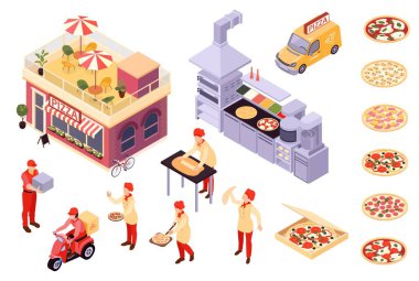 Isometric pizza seti aşçı ve dağıtım elemanları temsili karakterli yemek kutularının ikonlarıyla izole edilmiş