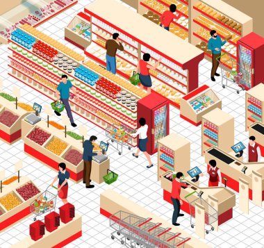Farklı taze ürünlerle dolu raflarla süpermarket ticaret salonu izometrik parçası ziyaretçiler ve kasiyer vektör illüstrasyonları