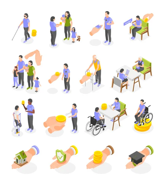 Sozialleistungen Für Behinderte Familienerziehung Arbeitslose Isometrische Symbole Setzen Isolierte Vektorillustration — Stockvektor