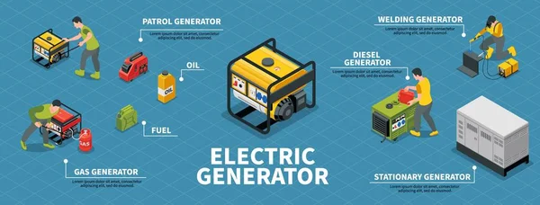 Set Infografico Generatore Elettrico Con Olio Carburante Simboli Isometrici Vettoriale — Vettoriale Stock