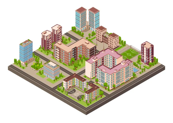 具有街道和现代住宅矢量图解的区块孤立视图的城市建筑物等距组成 — 图库矢量图片