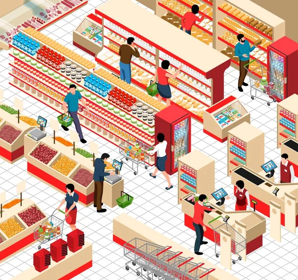 超级市场交易大厅的等距碎片 货架上摆满了不同的新鲜产品访问者和出纳矢量图解 — 图库矢量图片
