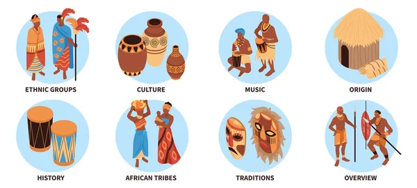 Izometryczne Afrykańskich Ludzi Zestaw Odizolowanych Okrągłych Kompozycji Elementów Kultury Instrumentów — Wektor stockowy