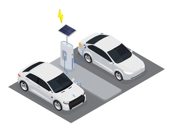 Elektromobiles Transportisometrisches Konzept Mit Laden Von Elektroautos Mit Solarmodulen — Stockvektor