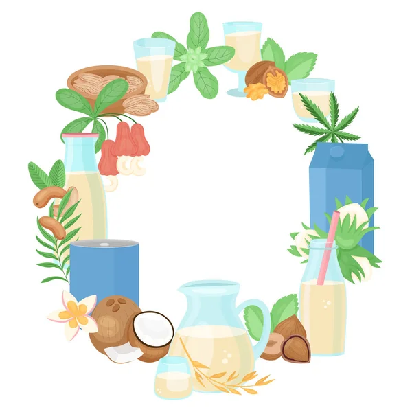 Vegan Milk Flat Frame Composition Empty Space Surrounded Icon Circle — Stock Vector