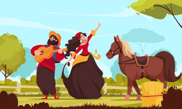 Folklore Muziek Compositie Met Het Stel Mexicaanse Dansers Een Paard — Stockvector