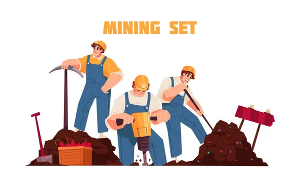 Conceito Mineração Plana Com Descrição Conjunto Mineração Três Trabalhadores Ilustração — Vetor de Stock