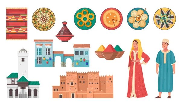 Marruecos Viaje Turístico Conjunto Con Iconos Planos Alimentos Antiguos Edificios — Vector de stock