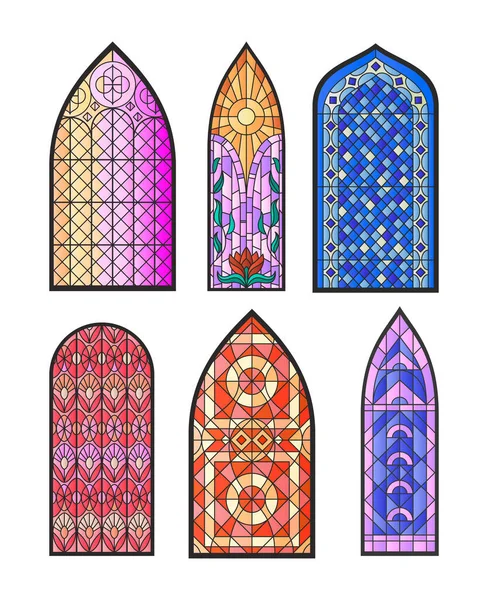 Set Med Isolerade Färgade Glas Mosaik Kyrka Tempel Katedral Fönster — Stock vektor