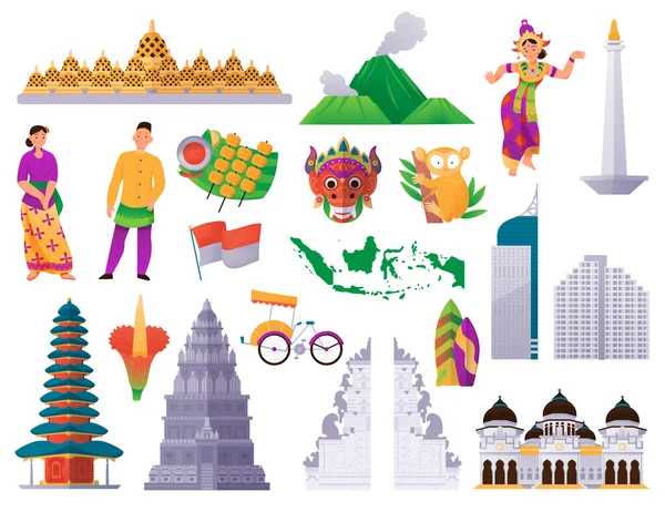 Indonésie Cestování Ploché Ikony Set Národními Symboly Orientačními Body Izolované — Stockový vektor