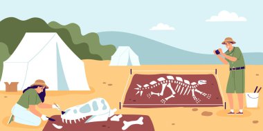 Dinozor sembollü arkeoloji ve jeoloji düz vektör çizimi