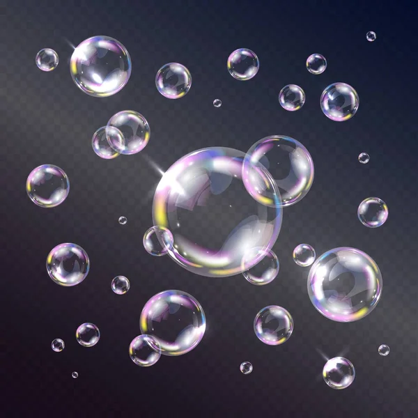Realistisk Tvål Skum Regnbåge Färgade Bubblor Transparent Bakgrund Vektor Illustration — Stock vektor