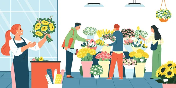 花店背景与花束和花朵符号平面矢量插图 — 图库矢量图片