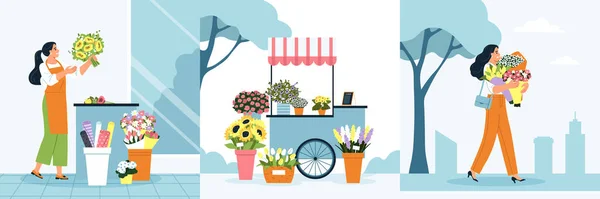 Blumengeschäft Zusammensetzung Set Mit Gartensymbolen Flache Isolierte Vektorillustration — Stockvektor