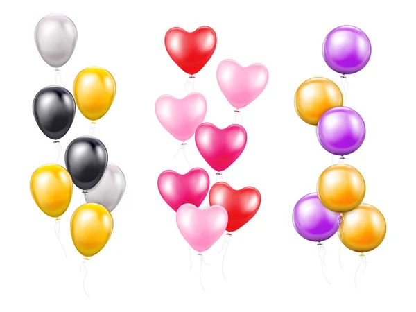 Bunches Coloridos Balões Voadores Diferentes Formas Cores Composições Realistas Ilustração — Vetor de Stock