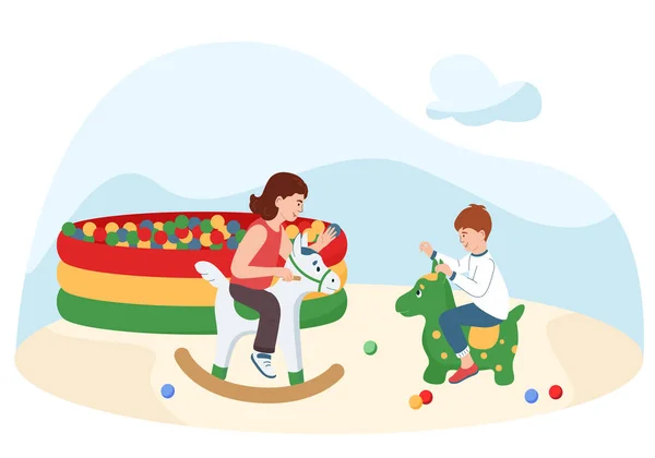 快乐的孩子们在游戏室里玩玩具 游泳池里玩塑料球平面背景卡通人物插图 — 图库矢量图片