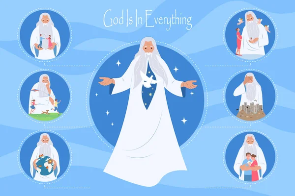 Dumnezeu Tată Set Plat Compoziții Infografice Bătrân Care Face Magie — Vector de stoc