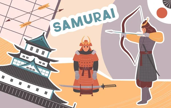 Samurai Platte Collage Met Mannelijke Krijgers Traditionele Japanse Kleding Vector — Stockvector