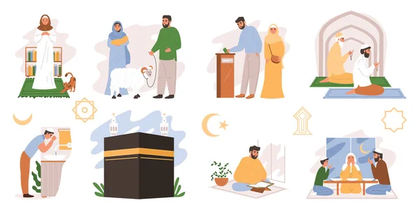 Islam Religion Flache Symbole Mit Menschen Die Spirituelle Rituale Tun — Stockvektor