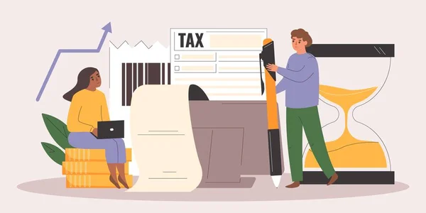 Vergi Ödemeleri Vergilendirme Formu Çizimi Yapan Insanların Düz Bileşimi — Stok Vektör