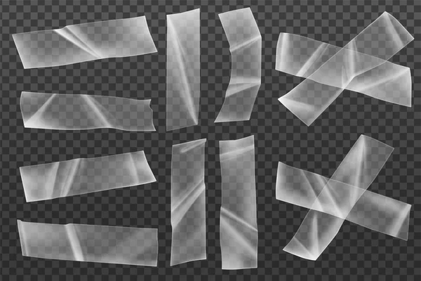 Plastová Lepicí Páska Průhledným Pozadím Realistickými Obrázky Kousky Těsnící Pásky — Stockový vektor
