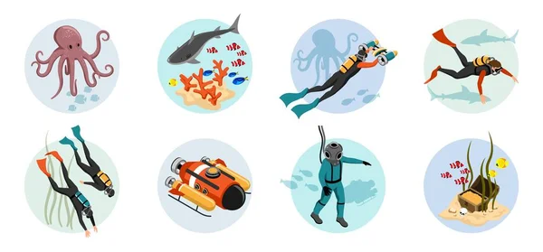 Potápění Izometrické Kulaté Skladby Sada Potápěčů Aqualungs Korály Ryby Chobotnice — Stockový vektor