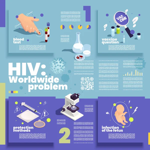 Hivエイズ世界的な問題アイソメトリックインフォグラフィックポスターで保護方法血液検査ワクチンの質問ベクトルイラスト — ストックベクタ