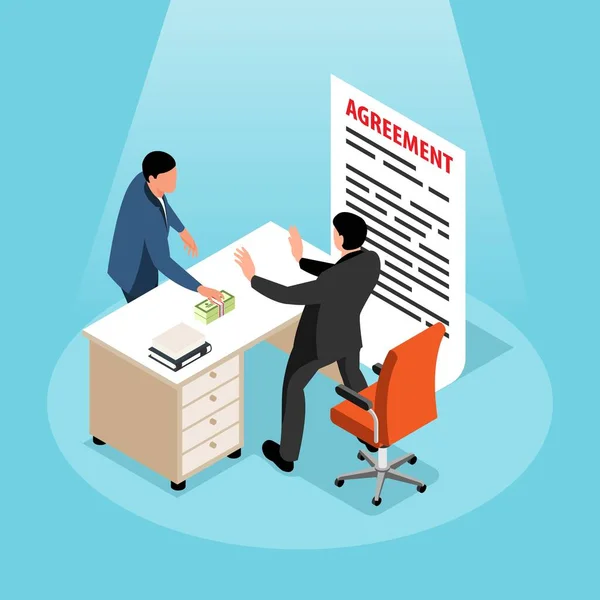 Money Laundering Isometric Background Official Male Character Refusing Bribe Offered — Stock Vector