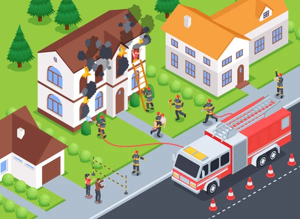 Isometrische Feuerwehrzusammensetzung Mit Outdoor Stadtkulisse Feuerwehrauto Und Feuerwehrleuten Die Das — Stockvektor