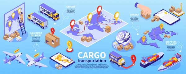 Izometryczna Infografika Importu Eksportu Edytowalnymi Trasami Tekstowymi Punkty Docelowe Ciężarówki — Wektor stockowy