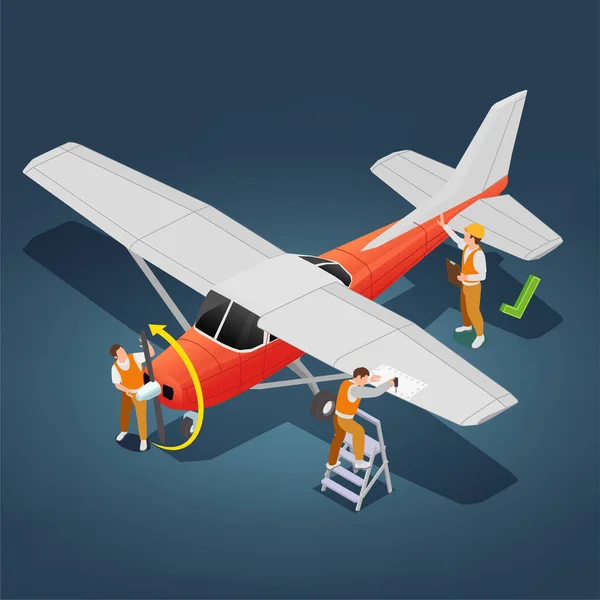 Flygplans Service Isometriska Koncept Med Retro Flygplan Underhåll Vektor Illustration — Stock vektor