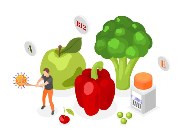 Immuunsysteem Stimuleren Gezonde Voeding Isometrische Samenstelling Met Groenten Fruit Fles — Stockvector