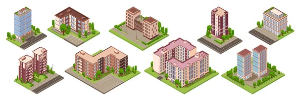 City Buildings Isometric Set Isolated Icons Modern Residential Houses Yards — Stock Vector