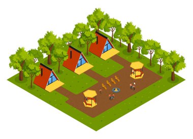 Üçgen şekilli eko evleri ve avlu vektör illüstrasyonlu dış alan görüşlü Isometric glamping kompozisyonu